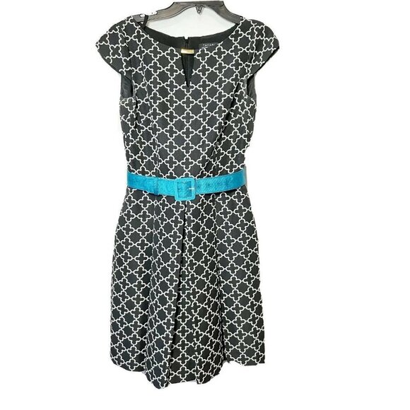 Tahari Womens Cap Sleeve Sheath Mini Dress Black Petite Size 2P Printed Belted - Picture 1 of 12